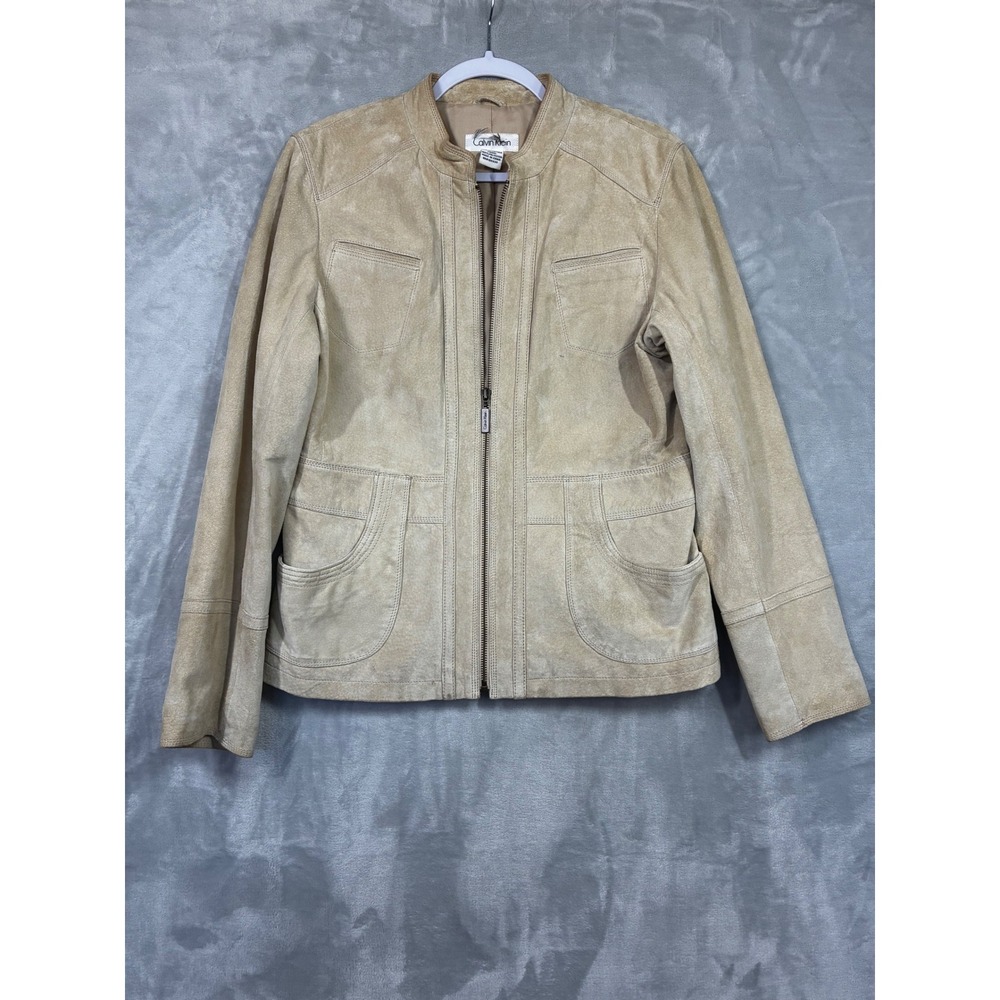 Calvin Klein Womens Tan Suede Leather Jacket Zip Front Moto Utility Beige Large